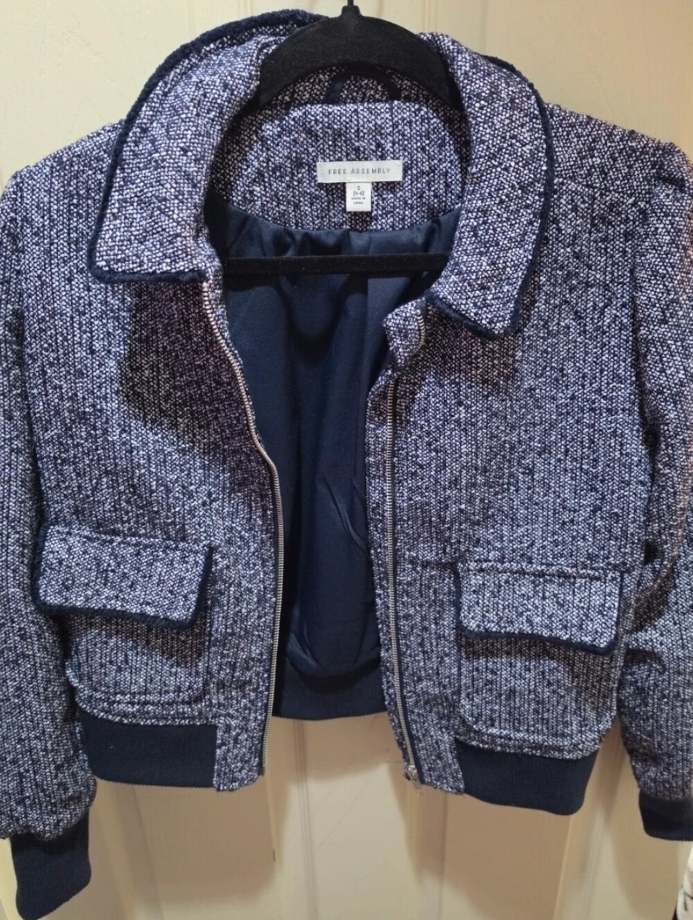Women's Free Assembly Jacket Blazer size Small Navy Tweed Bomber Jacket